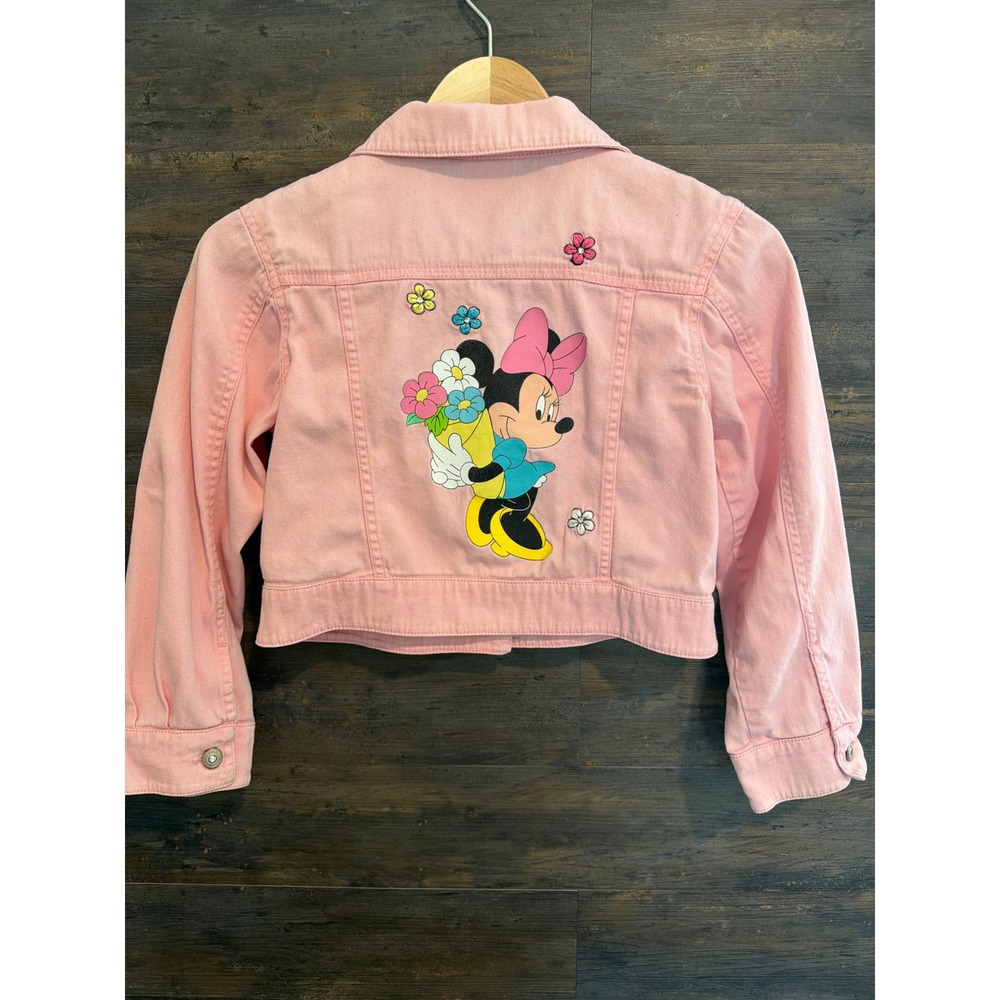 Disney Store Minnie Mouse Pink Denim Jacket Girls Medium Embroidered Cropped